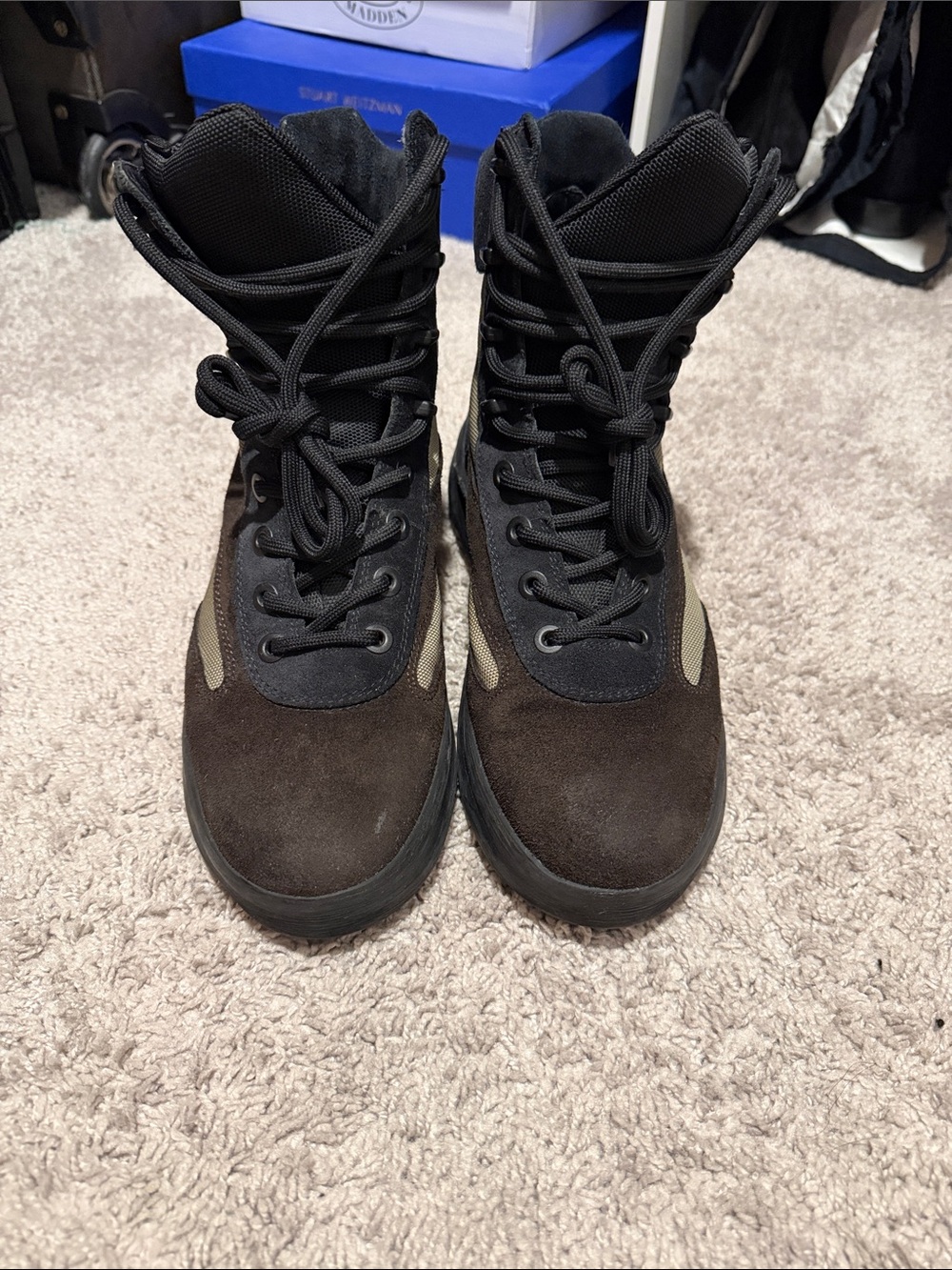 Yeezy Men's Black and Brown High-Top Lace-Up Boots